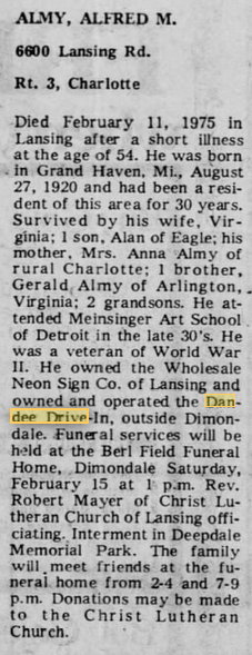 Dandee Drive-In - FEB 1975 OBITUARY FOR ALFRED AMY - OWNER